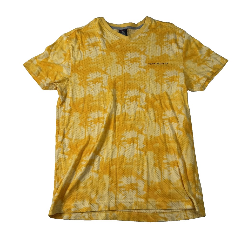 Tommy Jeans Shirt Mens Medium Yellow Tie Dye Mesh Logo Cotton Casual Summer Tee